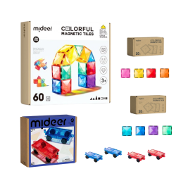 Magnetic building set with 60 pieces and a selection of additional pieces